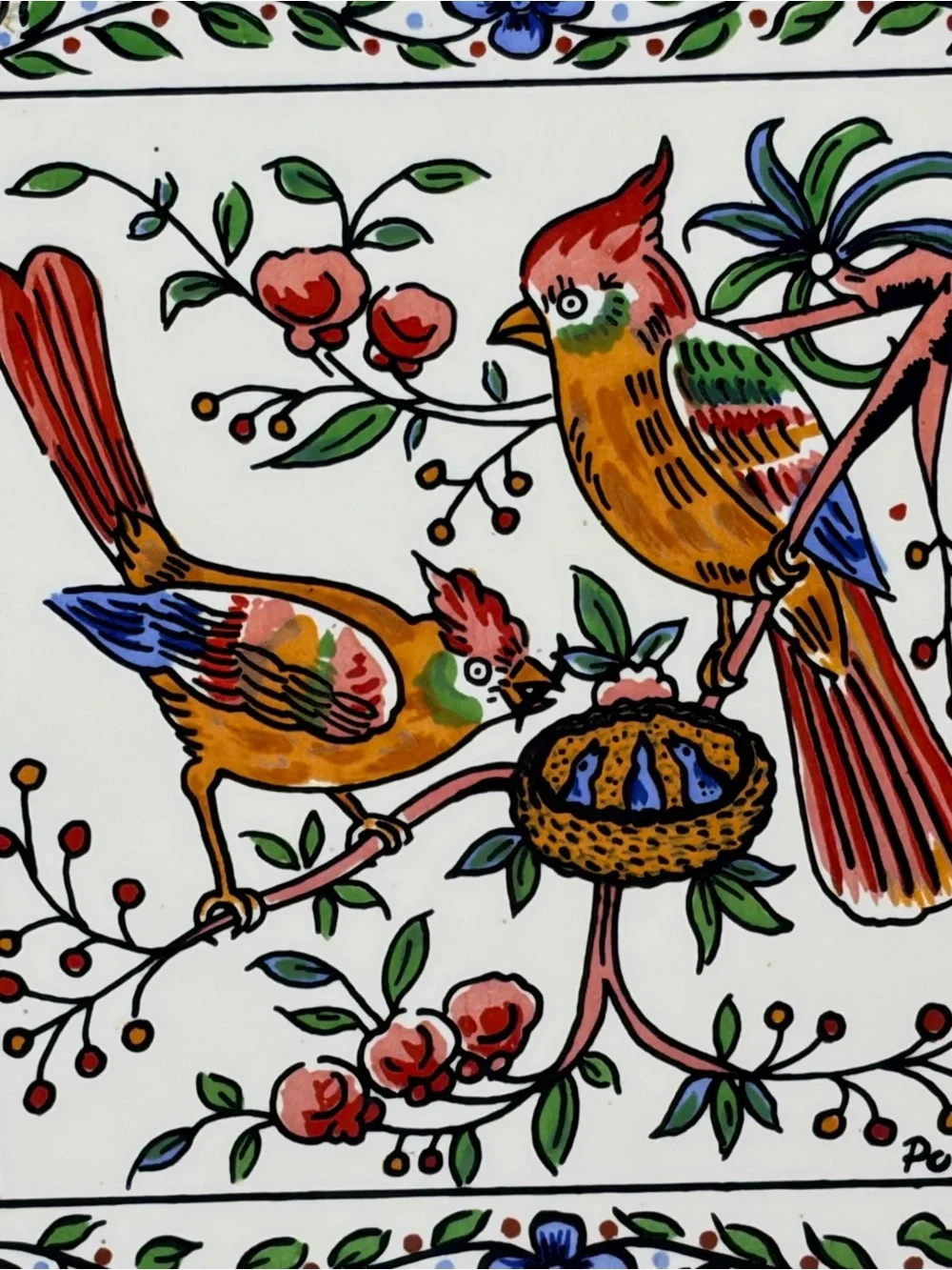 Decorative Ceramic Hand Painted Birds Miniature Tile Portugal Cork on Back